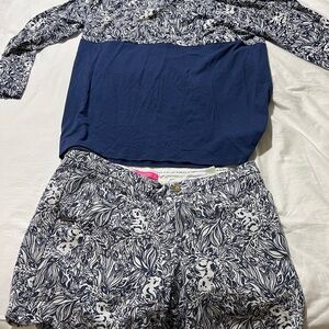 Lilly Pulitzer Blue and White Koala Set. Shorts and light long sleeve shirt